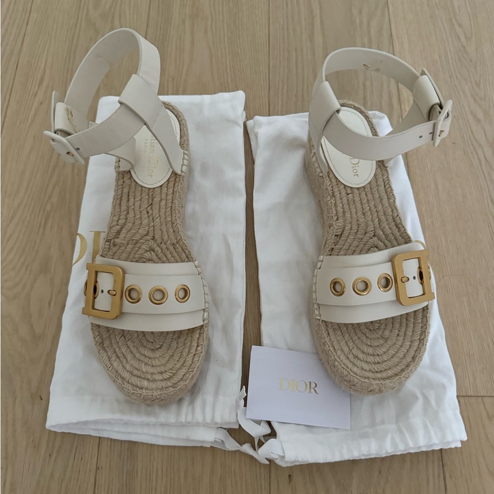 Christian Dior D-Dior Gold Logo Off White Leather Espadrille Platform Sandals